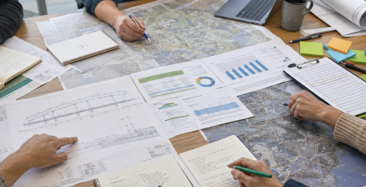 Team members reviewing infrastructure maps, engineering drawings, reports, and planning documents during an asset investment planning meeting.