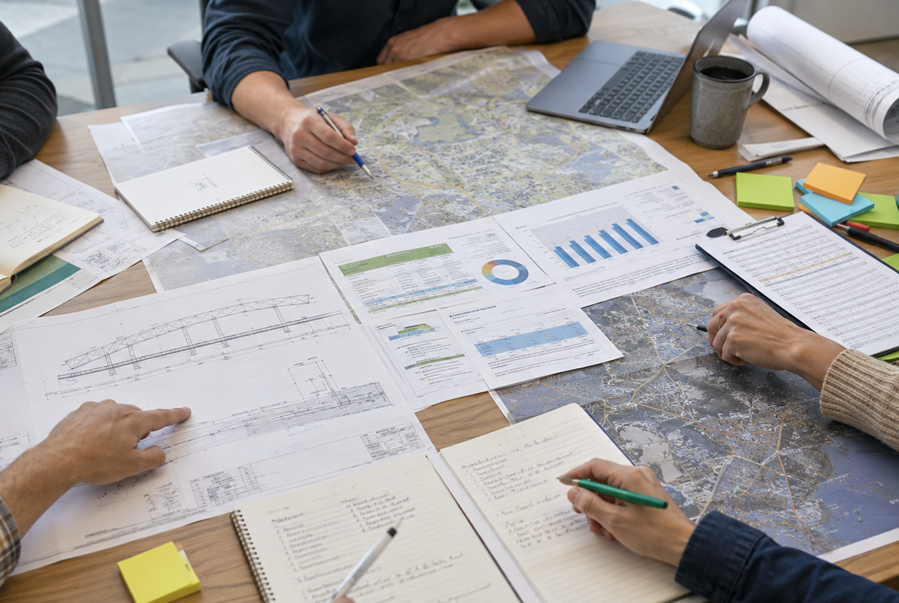 Team members reviewing infrastructure maps, engineering drawings, reports, and planning documents during an asset investment planning meeting.