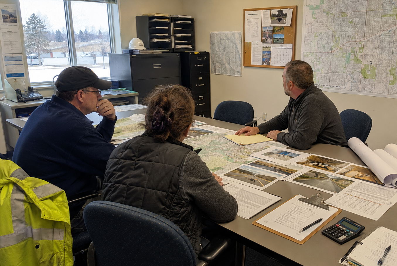 Three public works staff around a table reviewing road condition photographs, maps, and inspection forms during a planning meeting