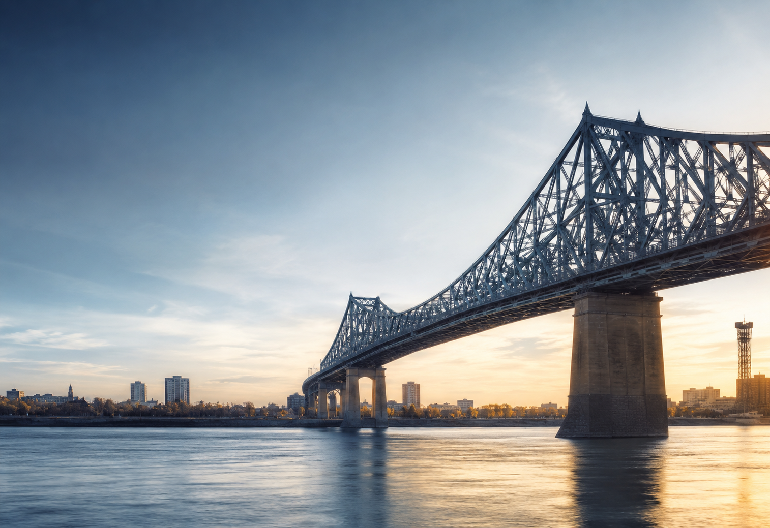 Realistic view of a large steel bridge crossing a calm river at dawn, with soft blue and golden light and a distant city skyline.