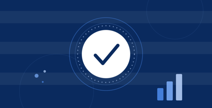 Abstract blue illustration of a checkmark seal with concentric rings and rising bars, representing ISO 9001:2015 quality management certification