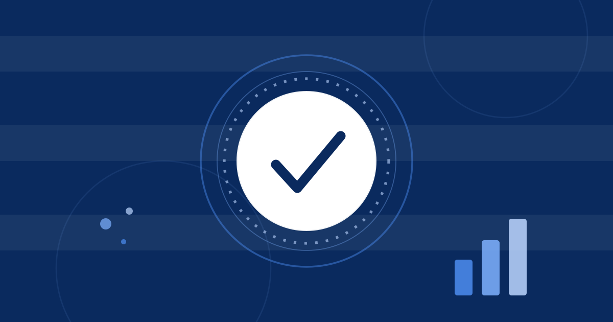 Abstract blue illustration of a checkmark seal with concentric rings and rising bars, representing ISO 9001:2015 quality management certification