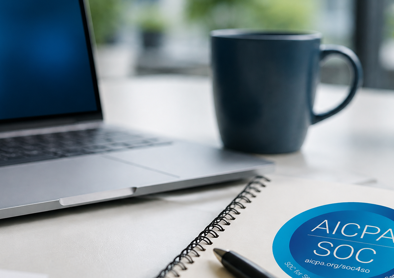 Office desk with a laptop, coffee mug, notebook, and pen beside an AICPA SOC certification badge