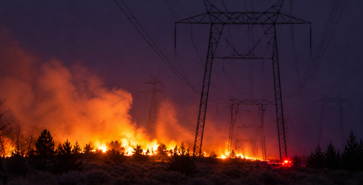 Wildfire burning through brush and trees at dusk beneath high-voltage electrical transmission towers, with flames and smoke against a dark purple sky