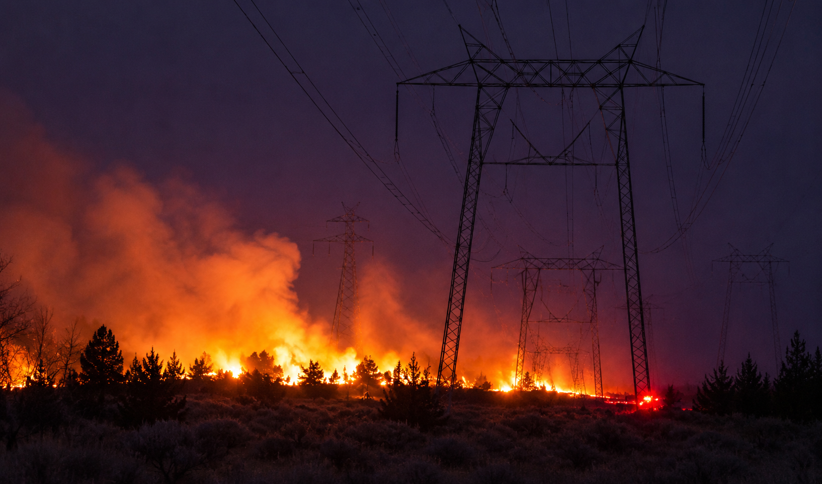 Wildfire burning through brush and trees at dusk beneath high-voltage electrical transmission towers, with flames and smoke against a dark purple sky