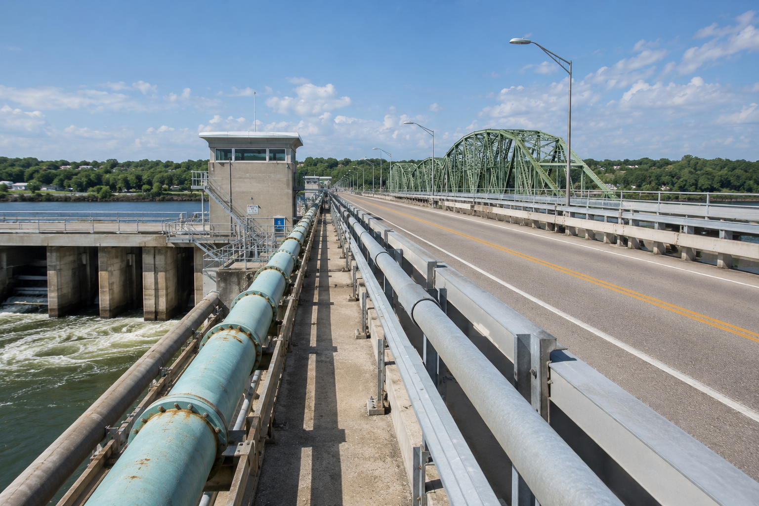 Daytime view of a bridge with roadway, water pipes, railings, and a control structure crossing over a river.