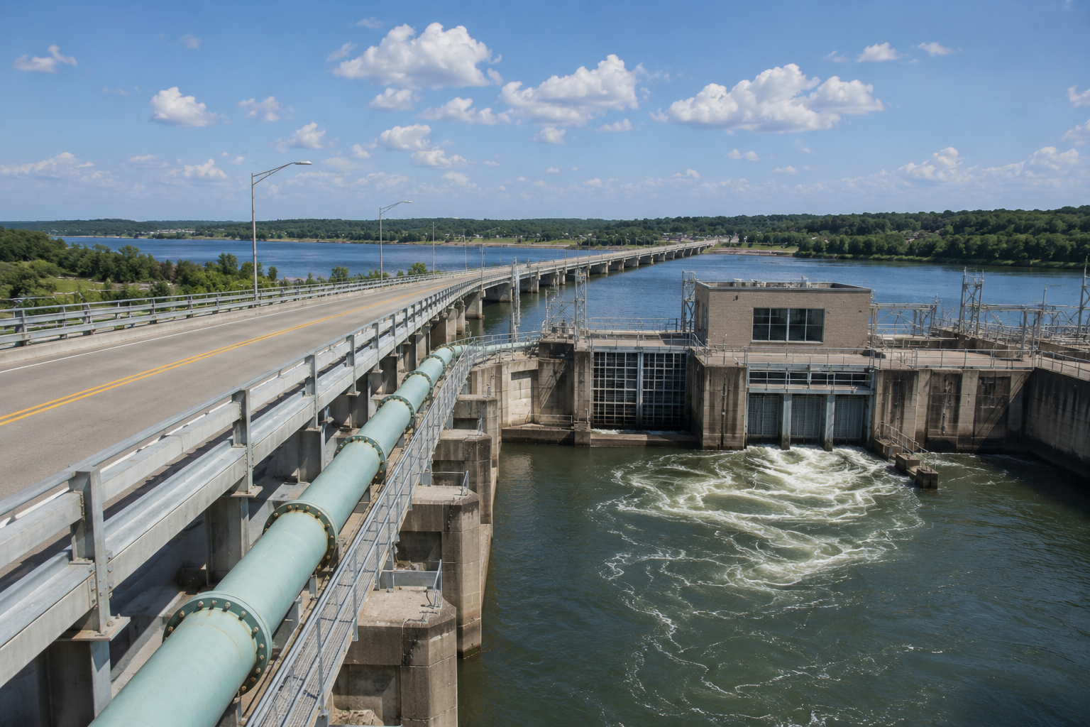 Daytime view of a roadway bridge, large water pipe, concrete dam structure, and flowing river with green landscape in the background.