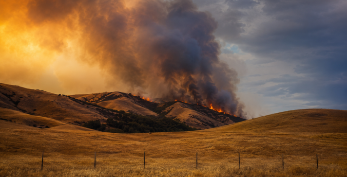 Wildfire burning along dry golden hills with flames and a large plume of dark smoke rising into a cloudy sky above open grassland