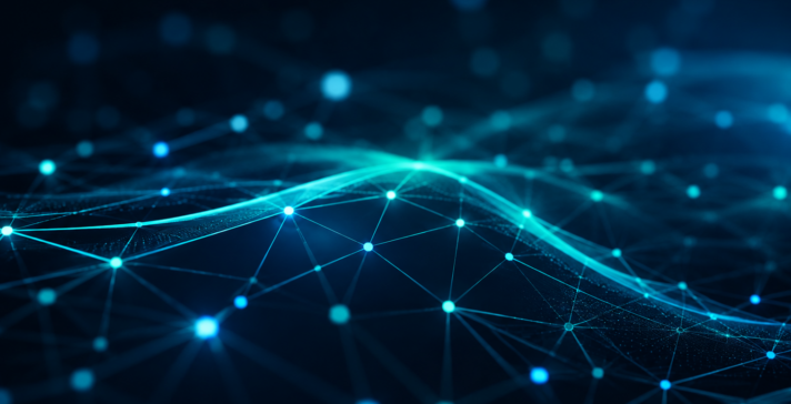 Abstract glowing blue and teal digital network with connected nodes and lines on a dark background.