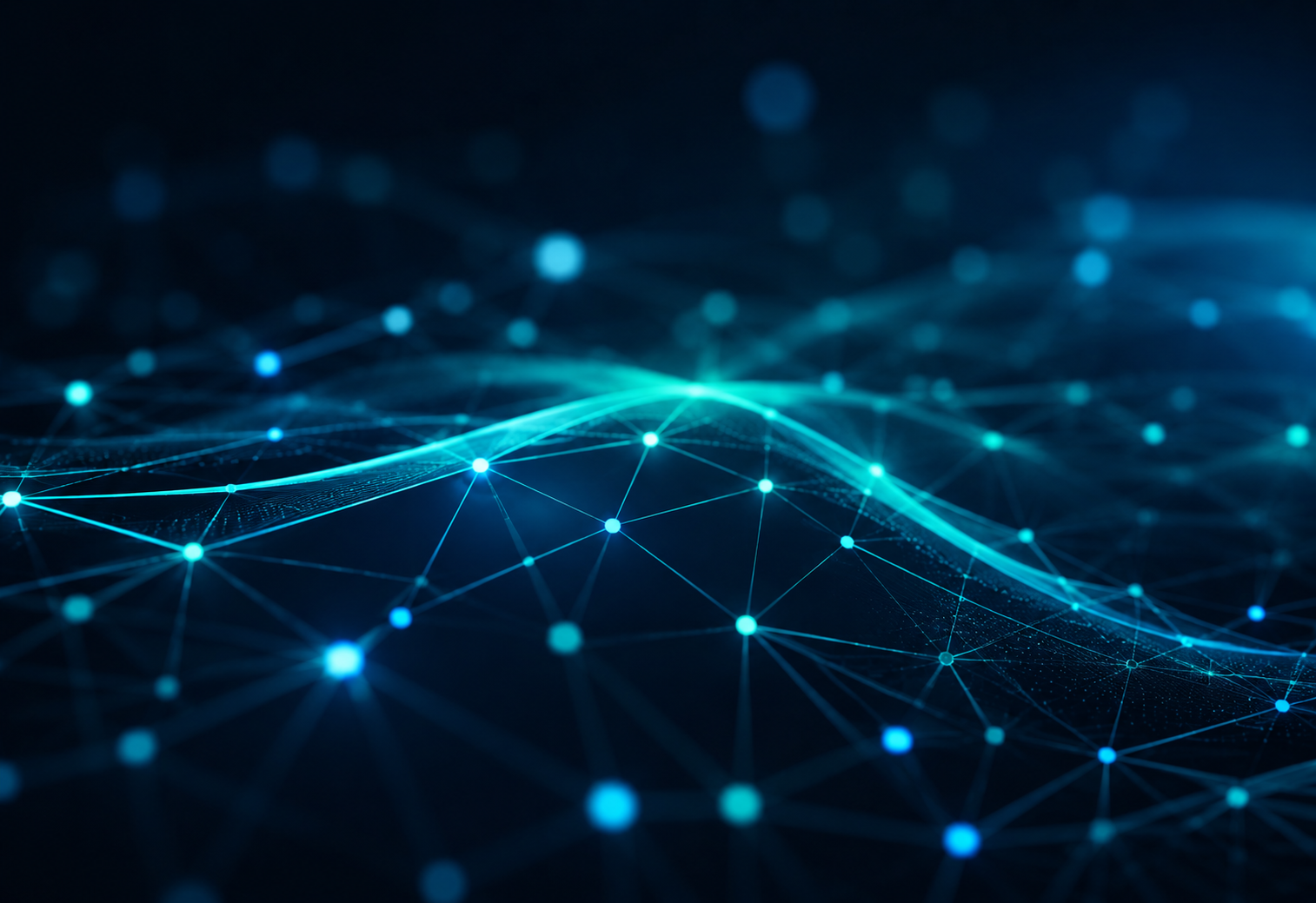 Abstract glowing blue and teal digital network with connected nodes and lines on a dark background.