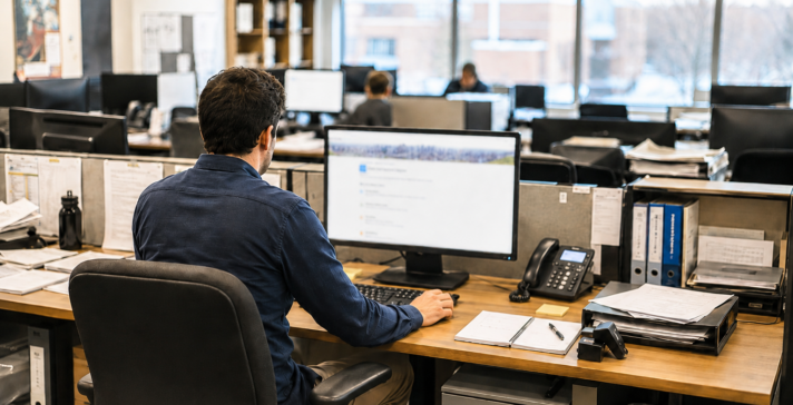 Office worker viewed from behind using a desktop computer with a blurred customer support portal screen in a busy office environment.