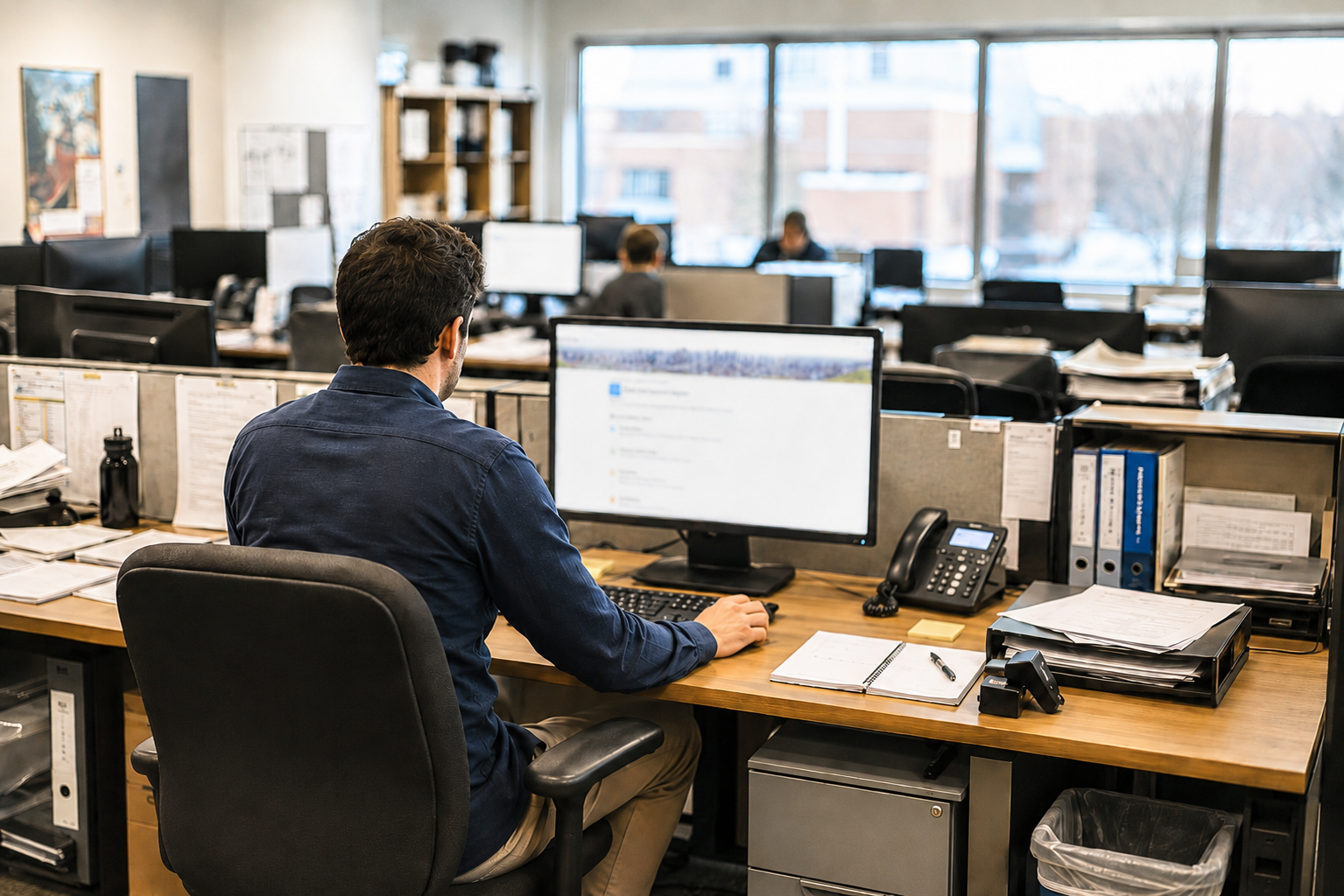 Office worker viewed from behind using a desktop computer with a blurred customer support portal screen in a busy office environment.