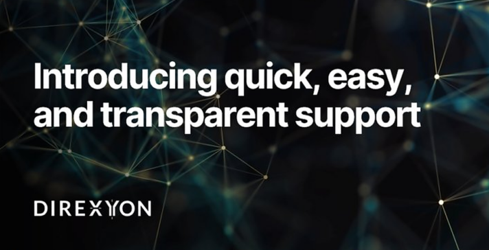 Direxyon banner with the headline Introducing quick, easy, and transparent support over a dark network constellation background