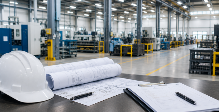 Bright industrial facility with a hard hat, engineering blueprints, clipboard, and pen on a workbench in front of a manufacturing floor.