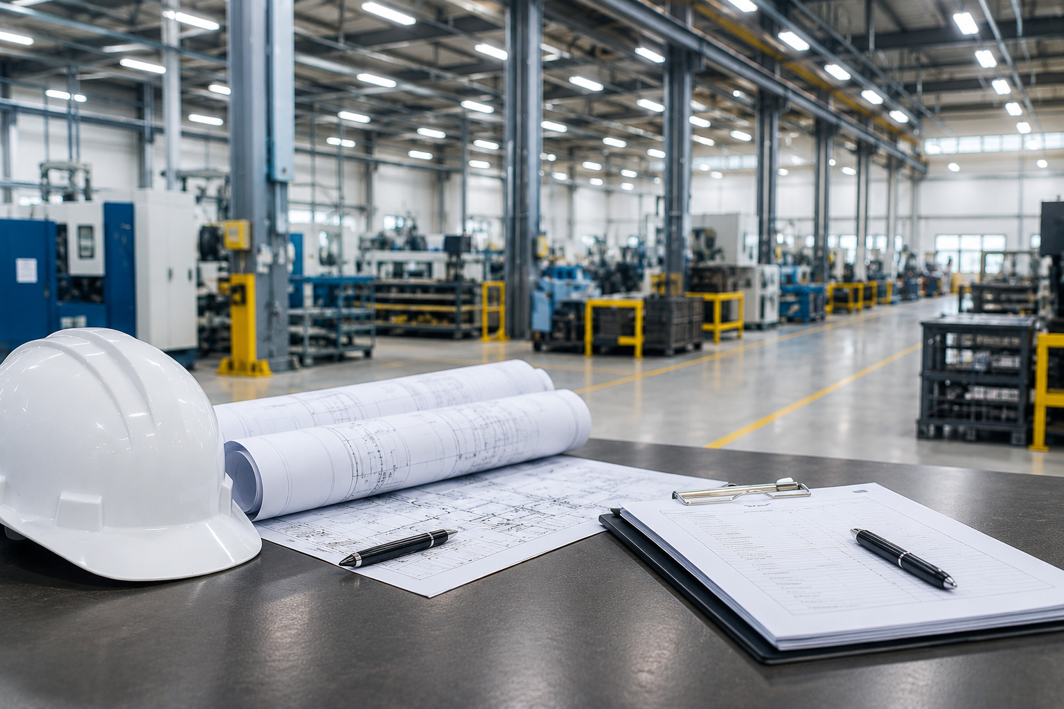 Bright industrial facility with a hard hat, engineering blueprints, clipboard, and pen on a workbench in front of a manufacturing floor.