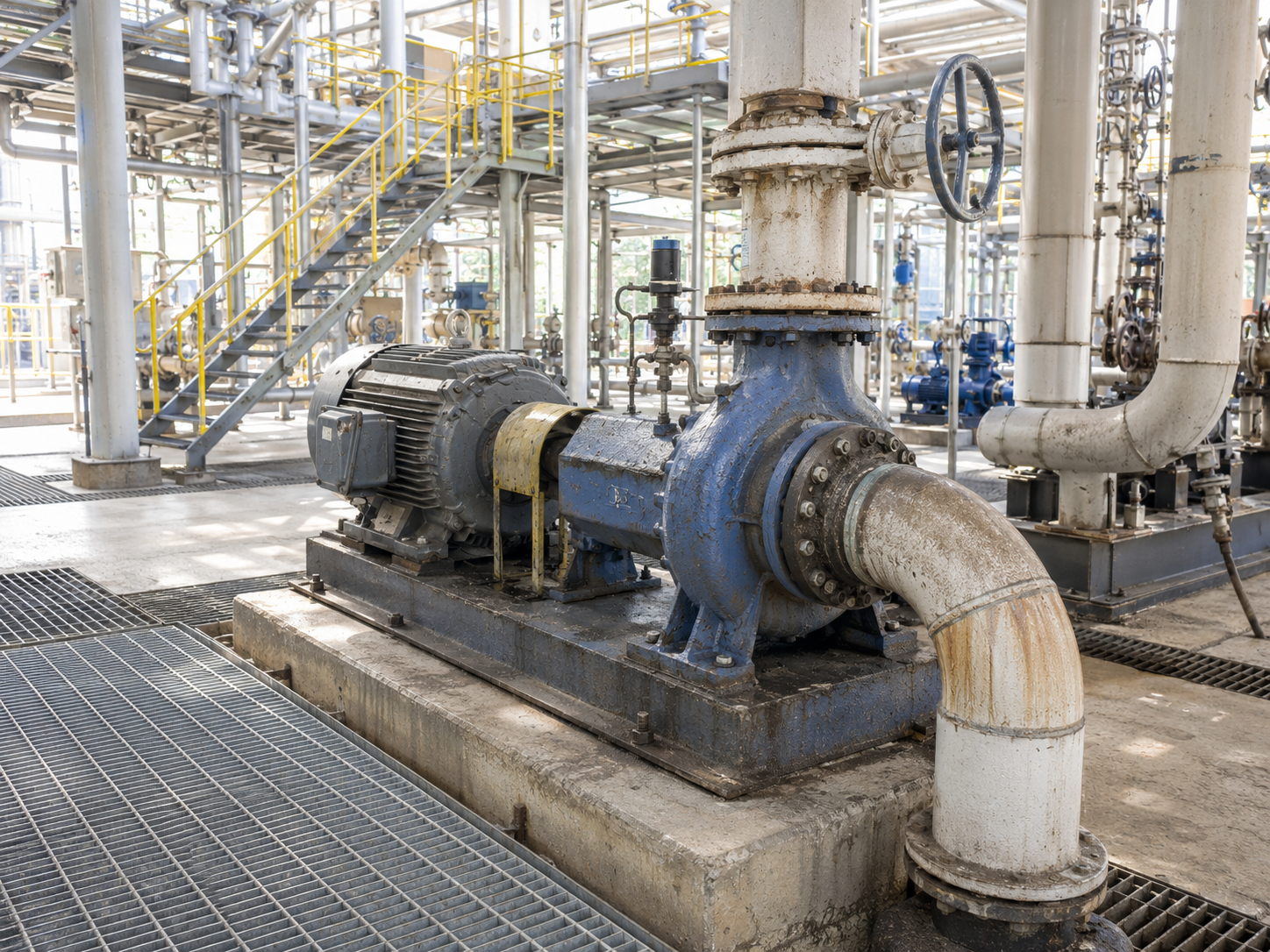 Bright industrial facility showing an aged blue pump, motor, pipes, valves, metal grating, and yellow safety railings.