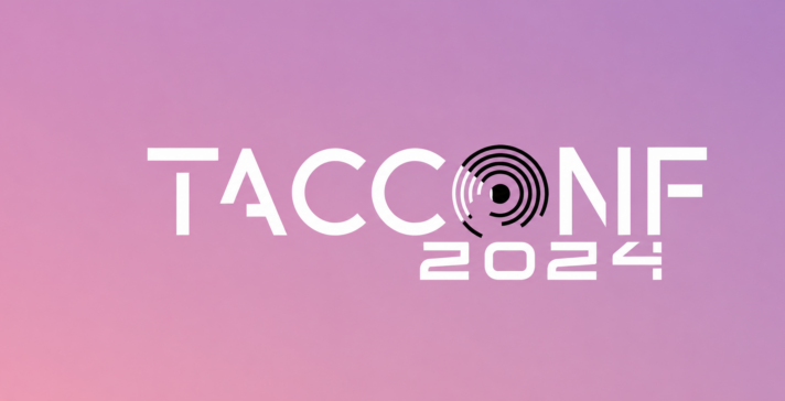 TACCONF 2024 logo on a pink and purple gradient background.