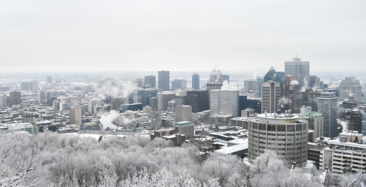 Snowy winter view of the downtown Montreal skyline from Mount Royal, with frost-covered trees in the foreground and steam rising from buildings under an overcast sky