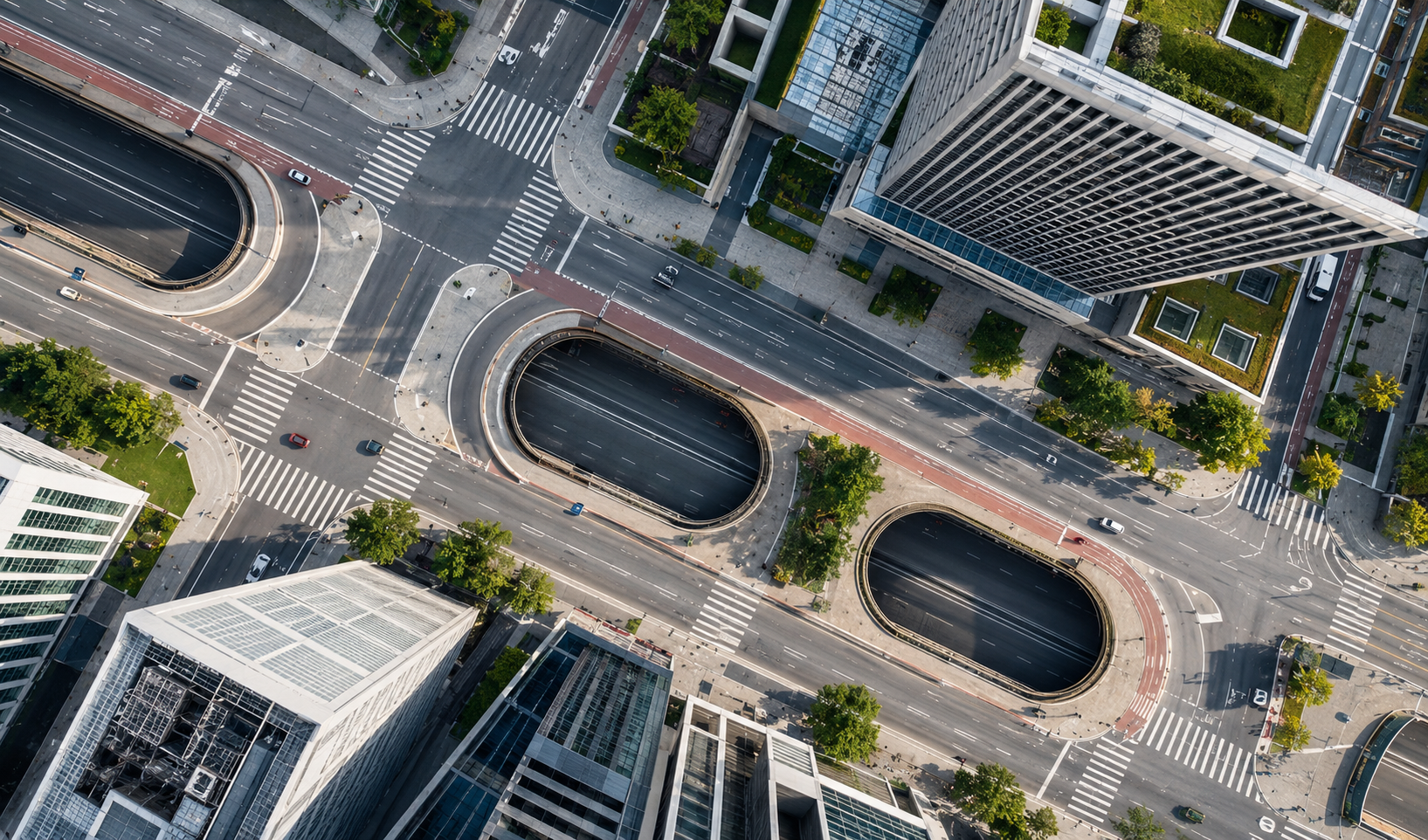 Directly overhead aerial view of a city intersection with roads, crosswalks, oval tunnel entrances, and surrounding high-rise buildings