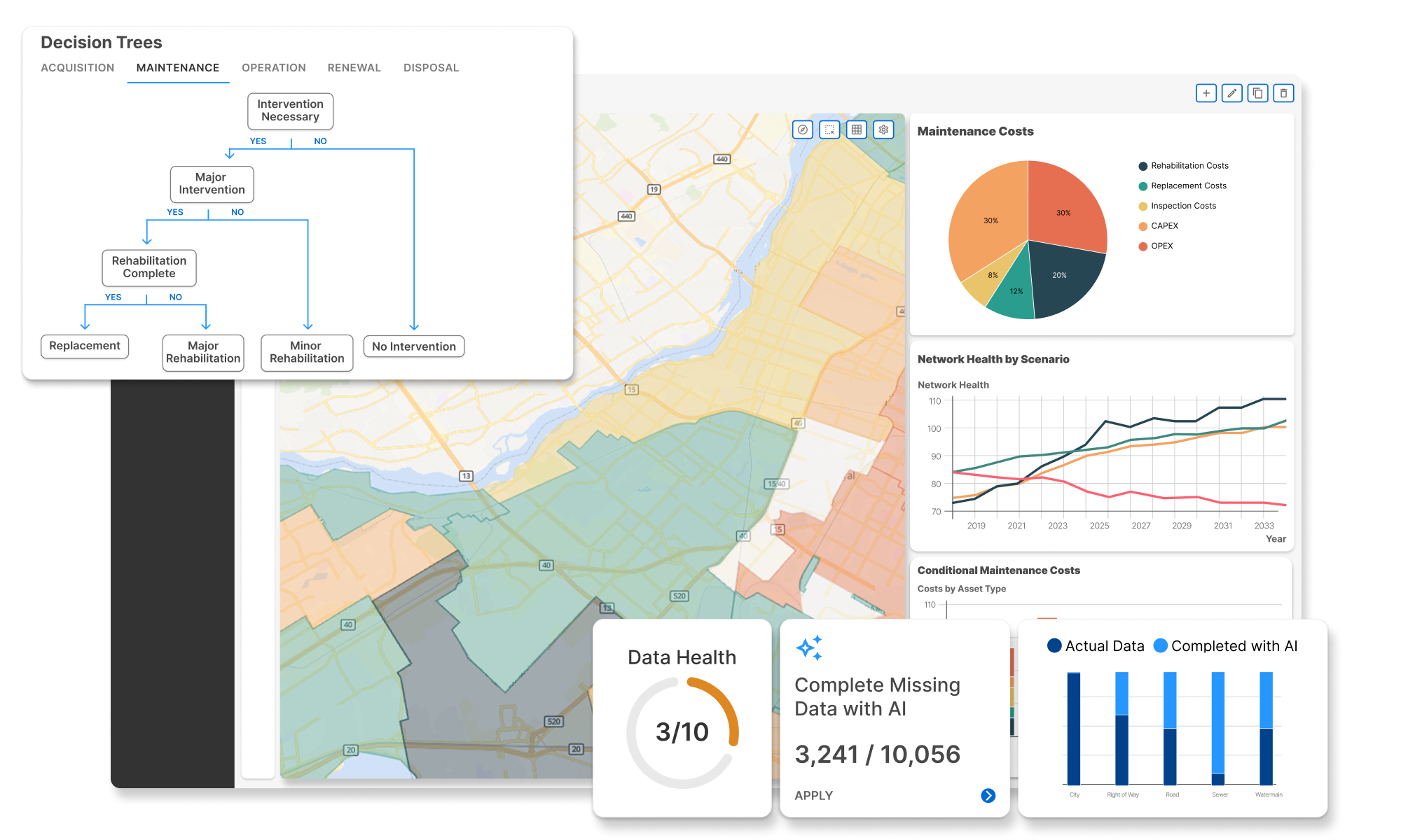 XY Enterprise Hero (1) Interface of an Asset Investment Planning solution showing cost break downs, scenario comparison, Digital Twins, Decision Twins, and more.