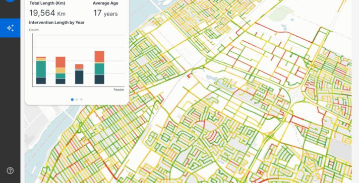 Direxyon asset management dashboard showing a road network map color-coded by condition, with inventory metrics including 19,564 km total length and 17-year average age