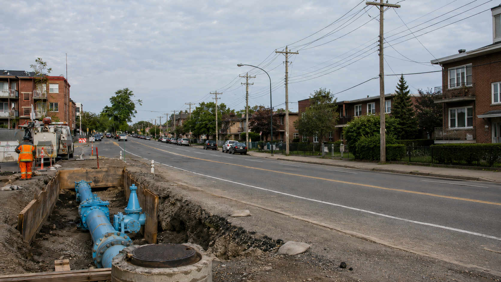 Open trench on a residential street showing a newly installed water main with valves and a hydrant connection
