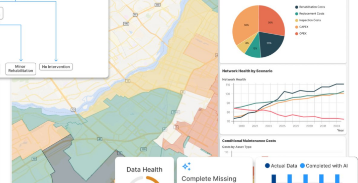 Direxyon Enterprise dashboard showing maintenance decision trees, network health scenarios, maintenance cost breakdown, and AI-completed data metrics