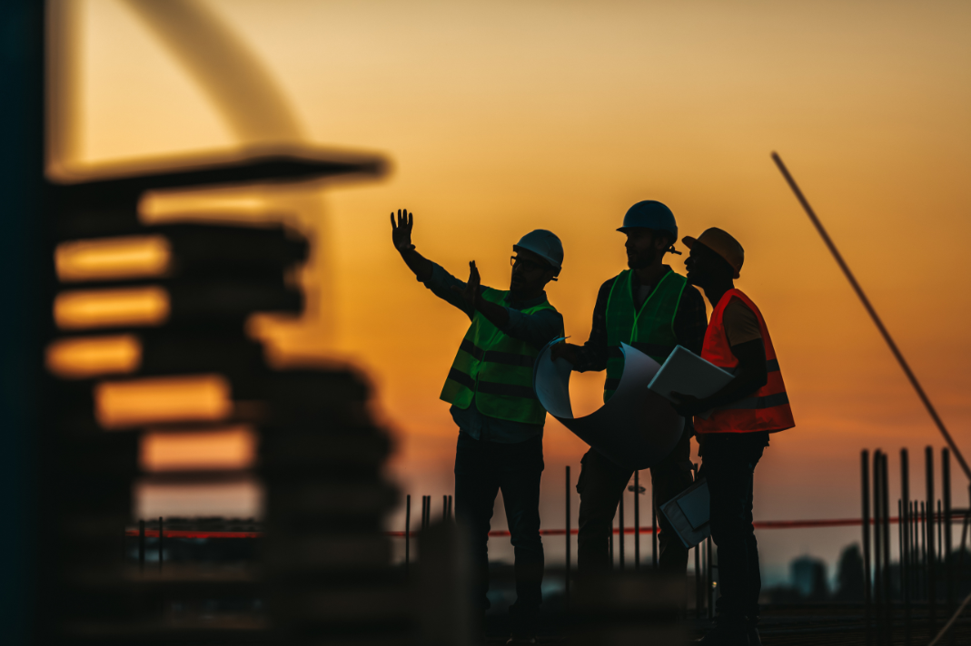 Silhouettes of three construction workers in safety vests reviewing blueprints at a construction site during sunset