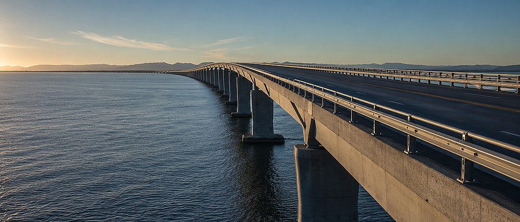 Vue panoramique d'un long pont s'étendant au-dessus de l'eau vers l'horizon dans la lumière dorée du soleil couchant, avec des montagnes et un ciel dégagé en arrière-plan.