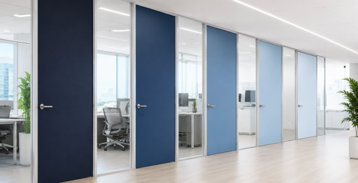 Row of office doors in graduated shades of blue along a bright corridor with glass walls