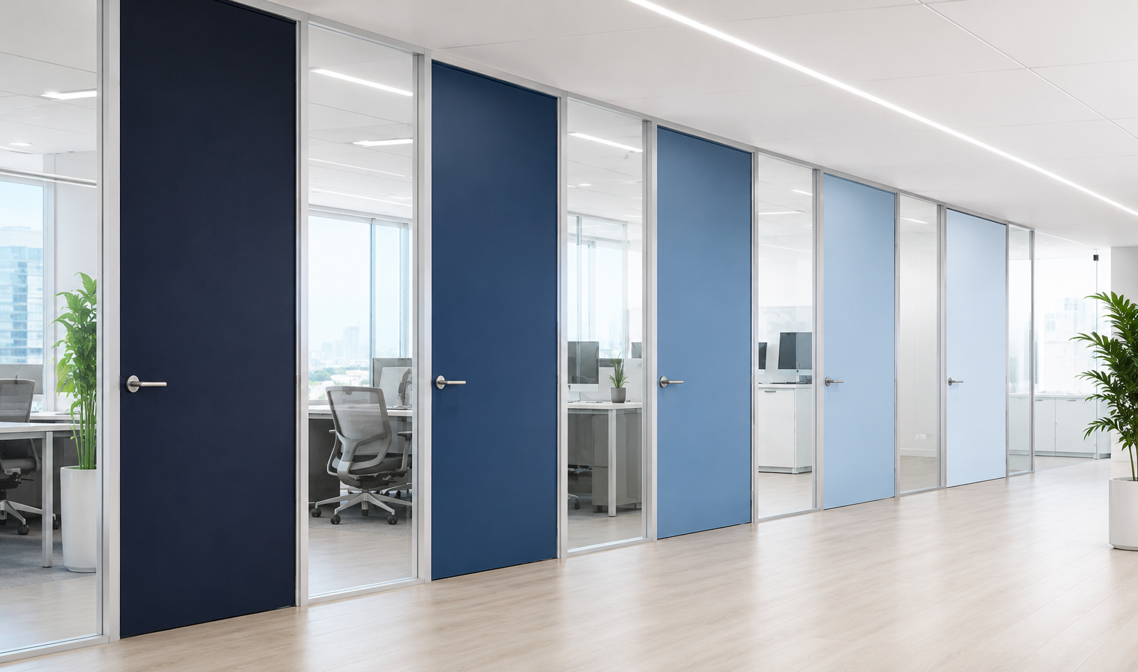 Row of office doors in graduated shades of blue along a bright corridor with glass walls