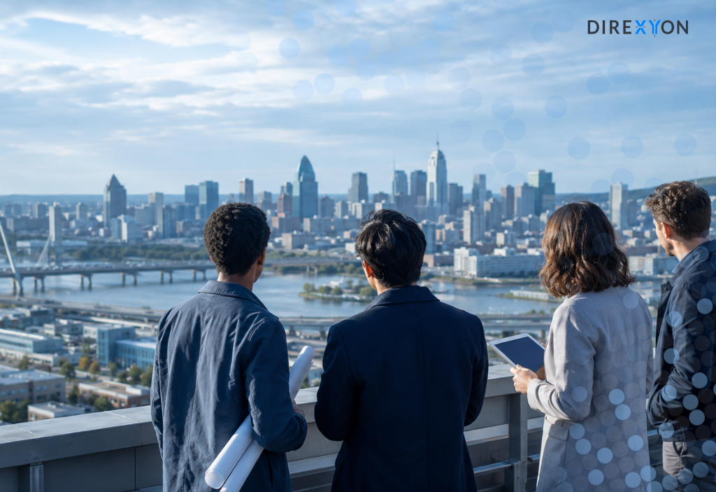 Four professionals on a rooftop looking out over a city skyline and river, with the Direxyon logo in the corner
