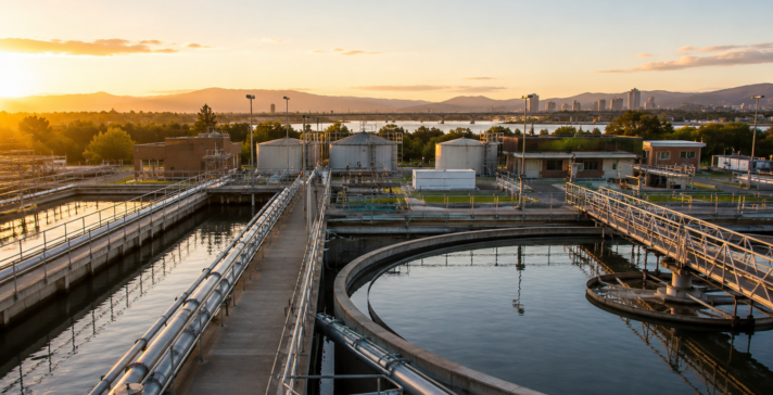 Aerial view of a water treatment facility with circular sedimentation tanks and rectangular basins, metal walkways and pipes, a river and city skyline in the background at golden hour.