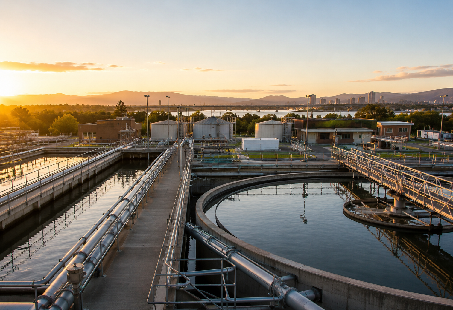 Aerial view of a water treatment facility with circular sedimentation tanks and rectangular basins, metal walkways and pipes, a river and city skyline in the background at golden hour.