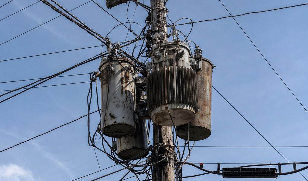 Close-up view of aging pole-mounted electrical transformers with weathered metal casings, overhead wires, and utility cables against a blue sky.