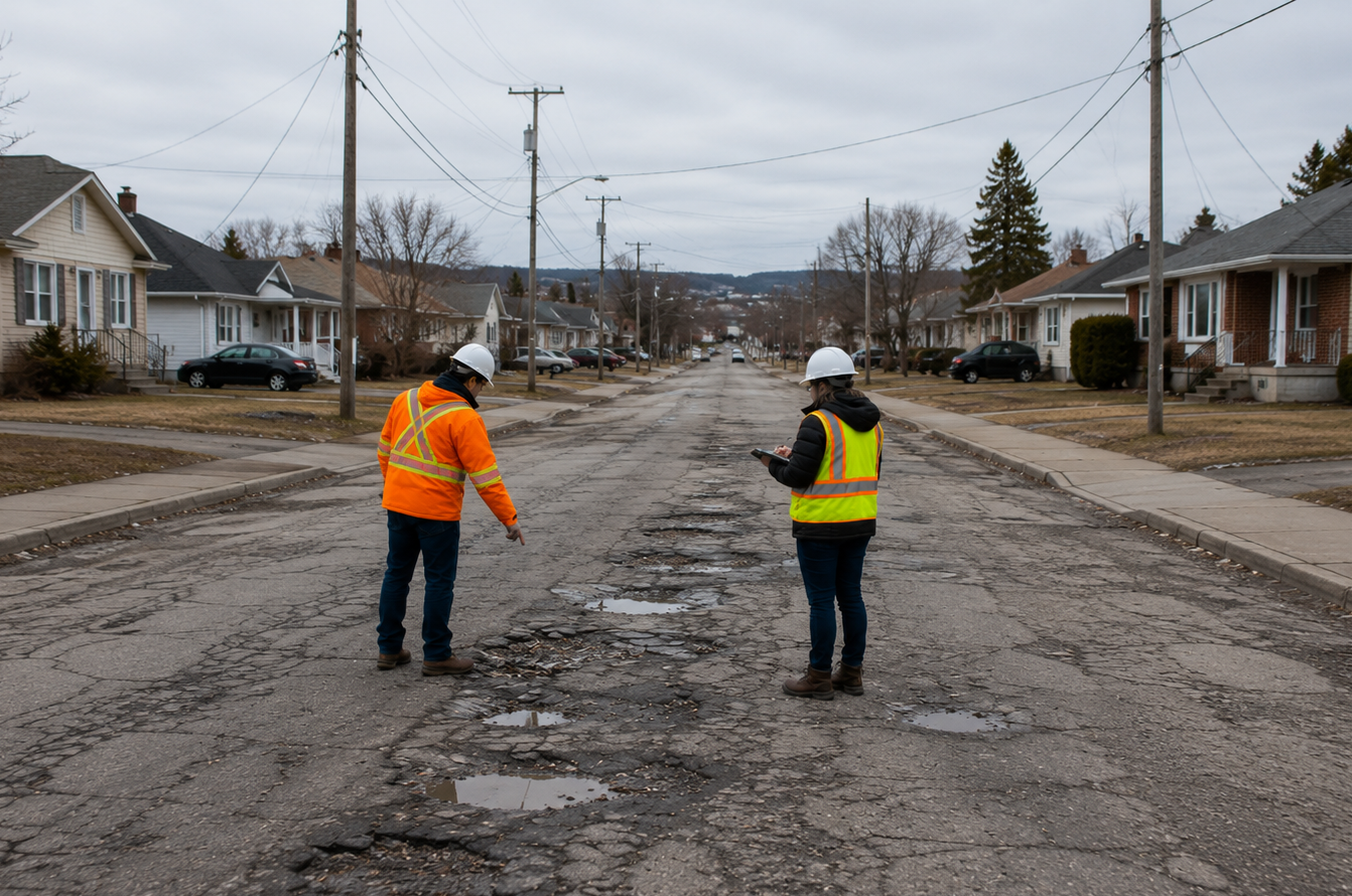 Two workers in hard hats and hi-vis vests documenting cracked and potholed pavement on a residential street