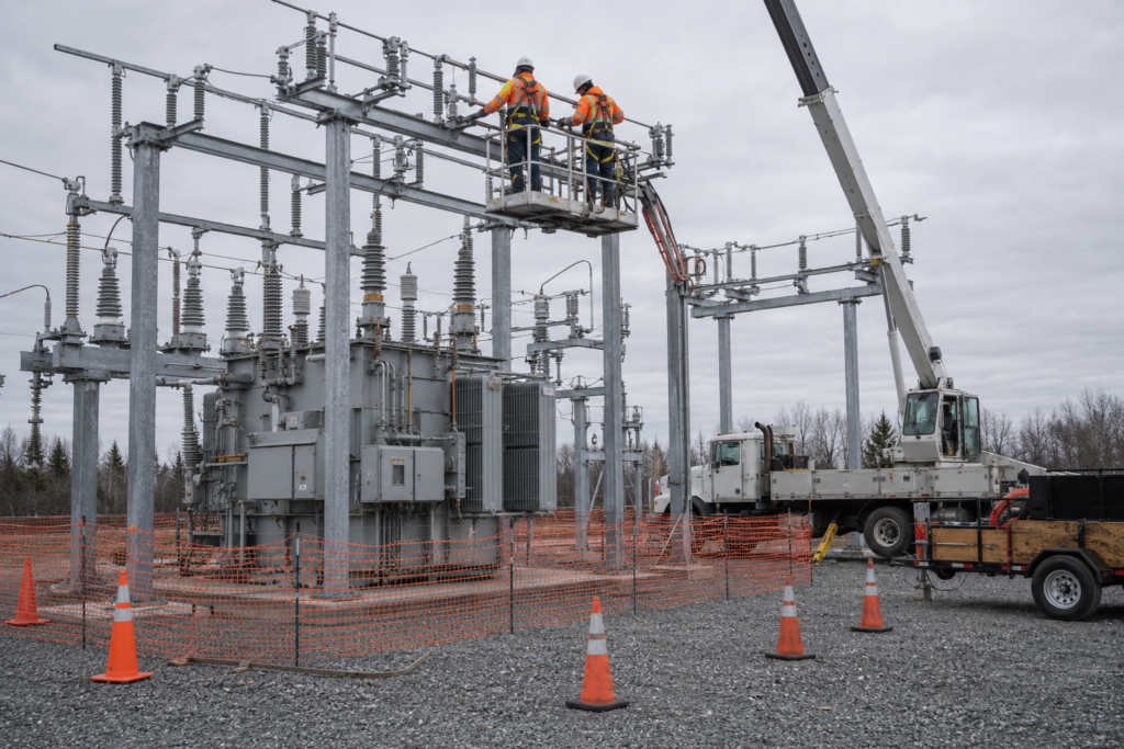 Two utility workers on an aerial lift platform servicing a bus structure beside a power transformer at a substation
