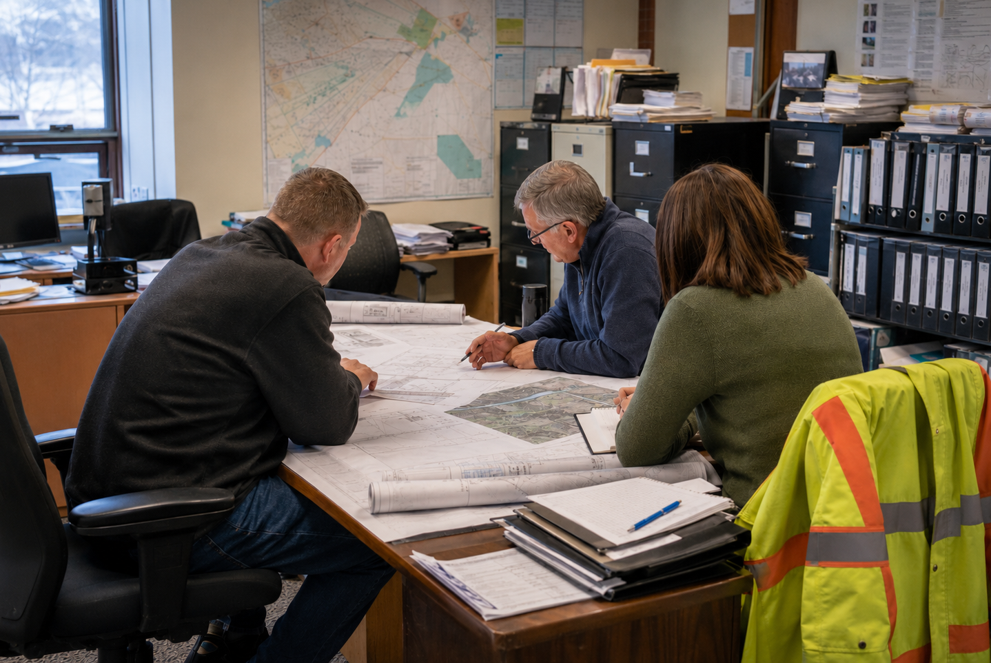 Three municipal staff reviewing engineering drawings and a site map during an infrastructure asset management planning meeting