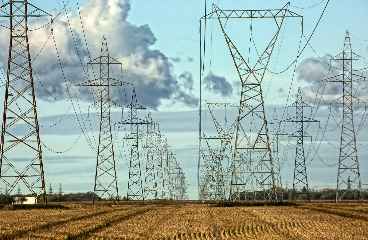 Multiple parallel rows of steel transmission towers carrying high-voltage lines across a harvested field