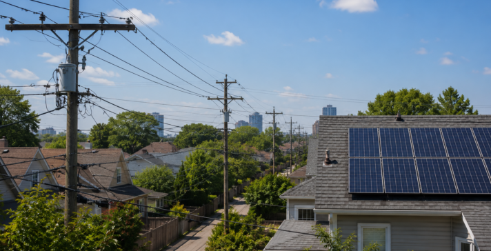 Rooftop solar panels on a house beside wooden distribution poles and overhead power lines in an urban residential neighborhood, with a city skyline in the background