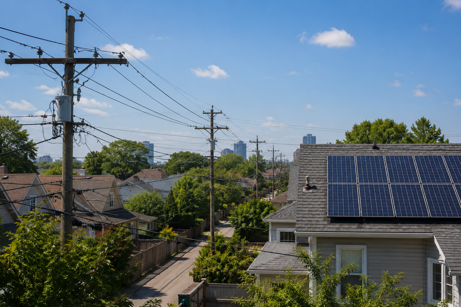 Rooftop solar panels on a house beside wooden distribution poles and overhead power lines in an urban residential neighborhood, with a city skyline in the background