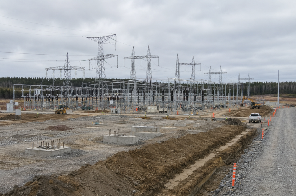 Substation expansion under construction, concrete equipment foundations and cable trench in the foreground