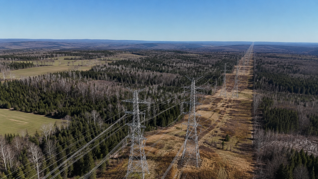 Aerial view of a transmission corridor running straight to the horizon across forested terrain