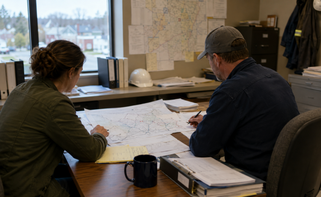 Two utility employees reviewing distribution network maps and asset documents at a desk in a municipal office