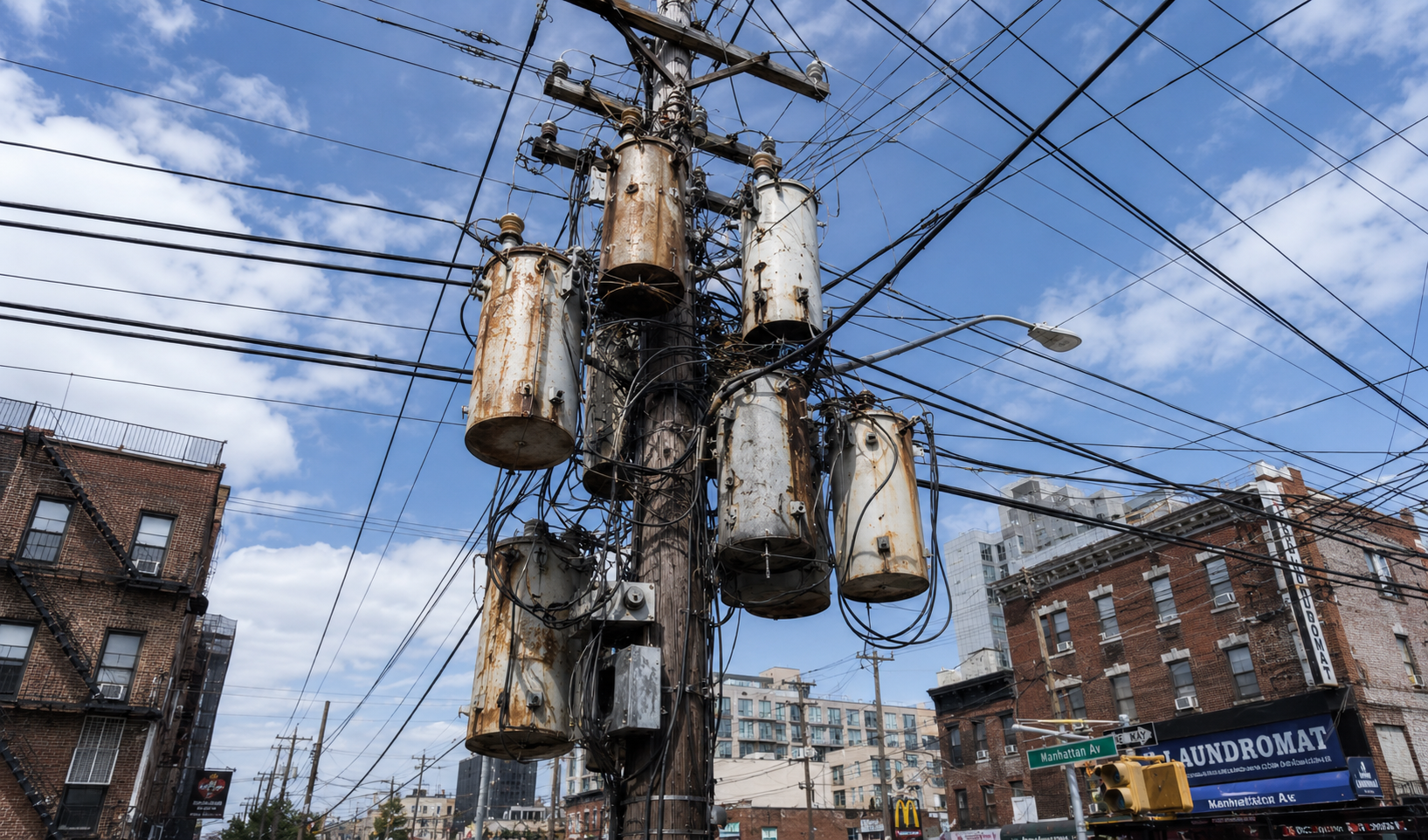 Aging utility pole with weathered distribution transformers and overhead power lines above an older city street.