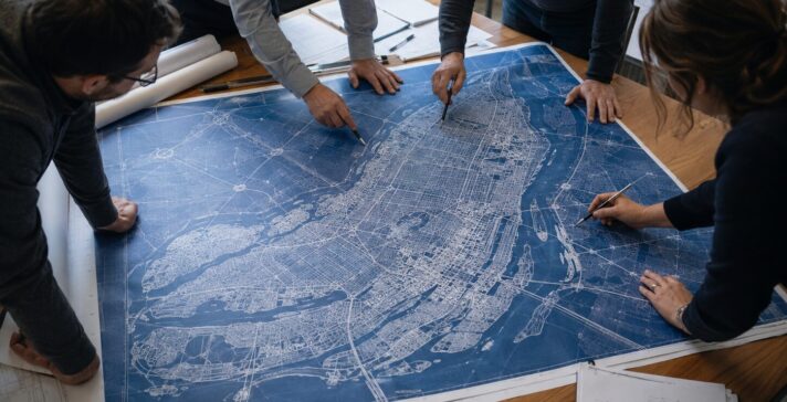 Four planners leaning over a large blueprint-style city map spread across a table, pointing at locations with pens, surrounded by rolled drawings and technical documents