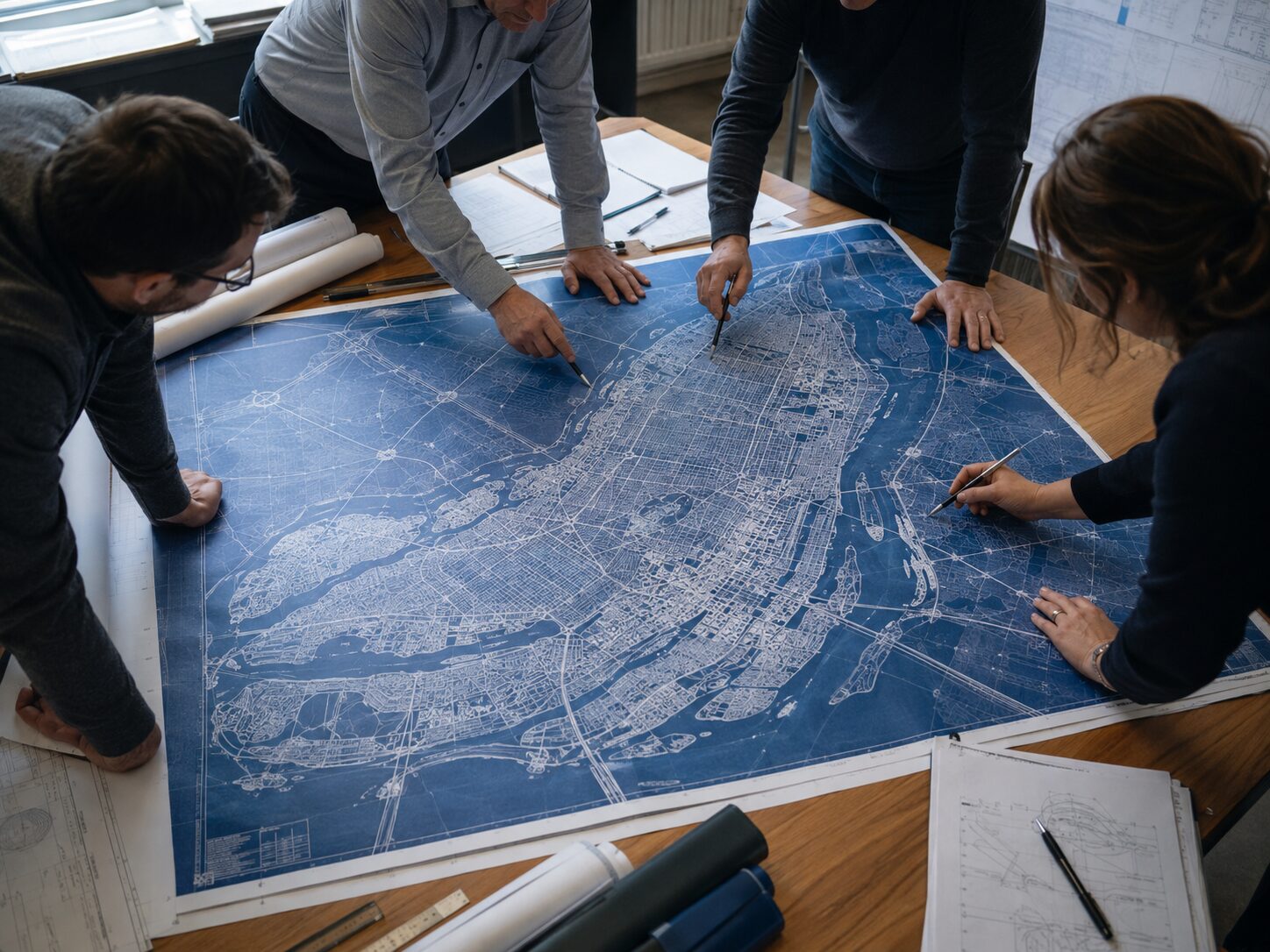 Four planners leaning over a large blueprint-style city map spread across a table, pointing at locations with pens, surrounded by rolled drawings and technical documents