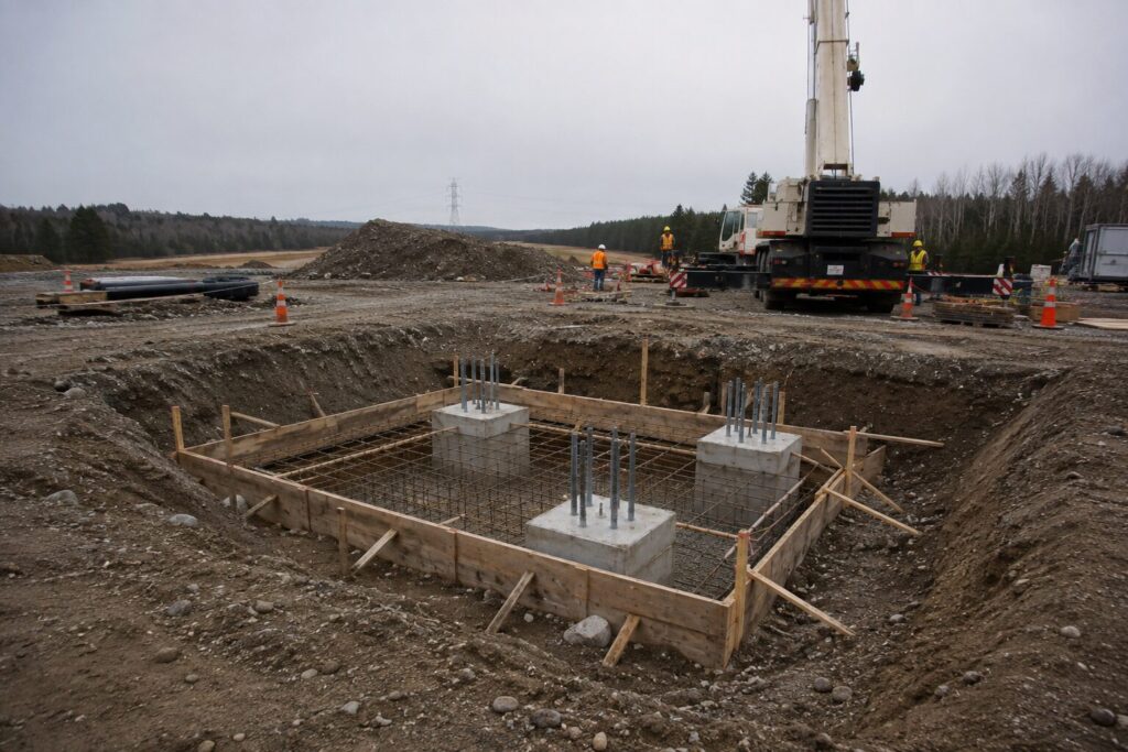 Construction workers and a mobile crane at an excavation site where concrete foundation piers with anchor bolts are being prepared, with a transmission tower visible in the background